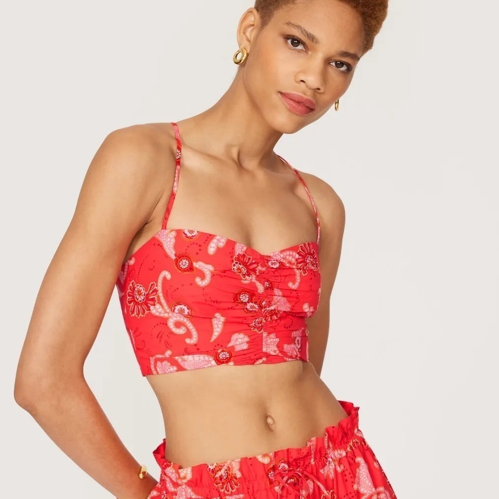 A.L.C. Arit Floral Ruched Crop Top Pink Paisley Print Crop Top